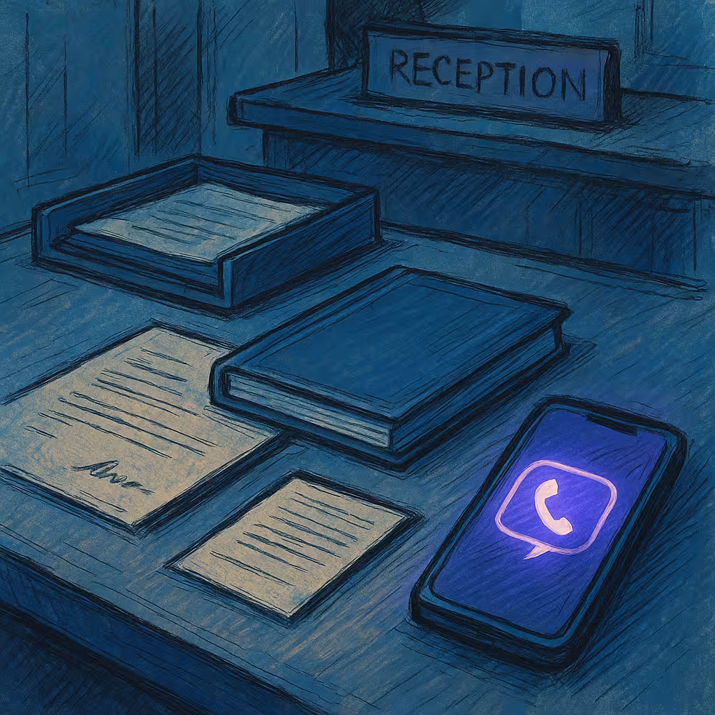 A tidy desk with a clinic phone, diary, and a small stack of coins beside a stethoscope